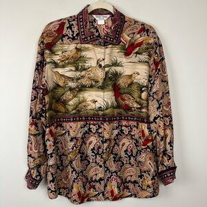 Vintage Sharon Young Sportswear Novelty Print Birds Paisley Button Shirt M/L USA